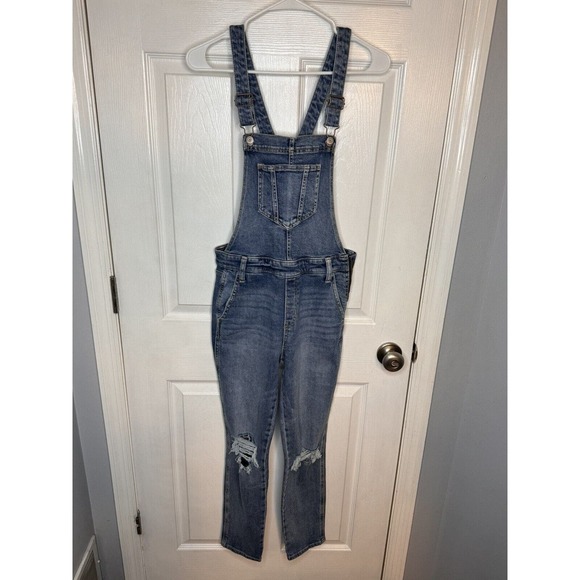 Old Navy Women's Blue Denim Bib Overalls Distressed Size 2 Stretch - Picture 1 of 7